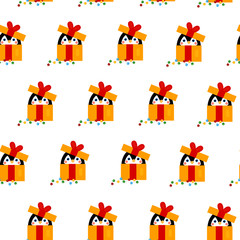 This is vector seamless pattern texture texture of penguin and gift box and on white background. Cute cartoon illustration.