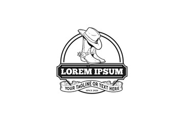 Black and white western theme and decor cowboy boots with hat vector logo