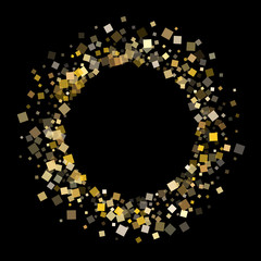 Festive gold square confetti sparkles scatter on black. VIP New Year vector sequins background. Gold foil confetti party explosion space. Rhombus pieces invitation backdrop.