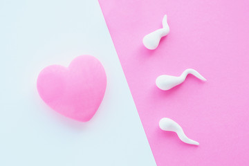 A bright pink heart on a white background and white sparmatazoids on a pink background. The concept of conception, fertilization, ovulation...