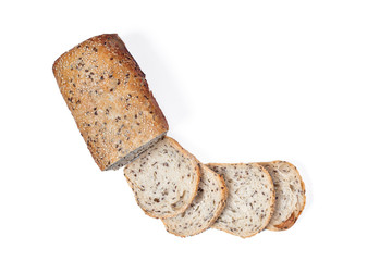 cuted bread on white background, view from above
