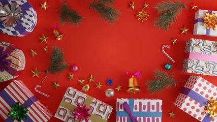 Top view of gift boxes with pine leaf and ornament for decoration on red background.