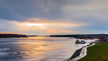 View of the frozen river Volga from the high Bank of the city of Myshkin, Russia
