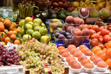 Vegetables and fruits are sold in the market.