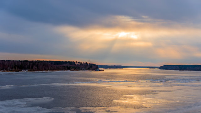 View of the frozen river Volga from the high Bank of the city of Myshkin, Russia
