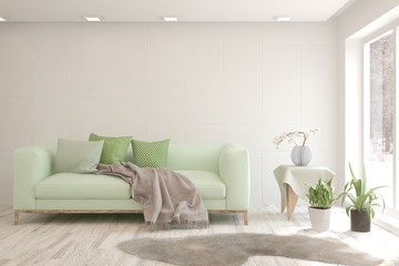 Stylish room in white color with sofa. Scandinavian interior design. 3D illustration