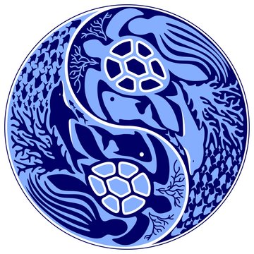 Yin Yang Marine Life Sign Classic Blue Monochrome Vector illustration 