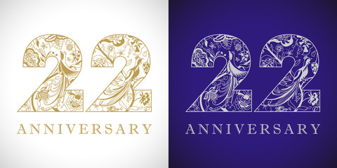 22 years old logotype. 22 nd anniversary numbers. Decorative symbol. Age congrats with peacock birds. Isolated abstract graphic design template. Royal golden digits up to 22% -22% percent off discount