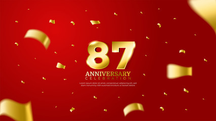 87th anniversary celebration vector red background. Golden numbers with shadow and sparkling confetti modern and elegant design for wedding party event decoration.