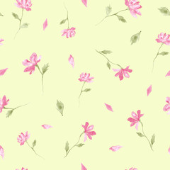Pink little flowers watercolor painting - seamless pattern on yellow background	