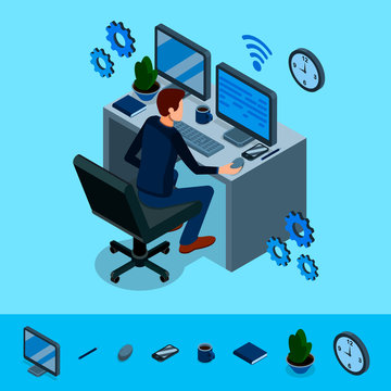 Isometric programming concept. Programmer is working at his work place, around him are abstract icons of internet technologies. Programming, coding, analyst, code developer. Vector illustration