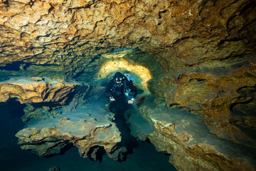 Cave Diving in the Cross Under Tunnel at Madison Blue Spring State Park, Madison County, Florida