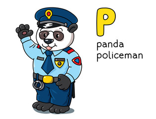 Panda policeman. Animal professions ABC Alphabet P