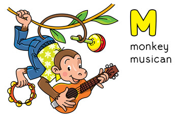 Monkey musician Animals profession ABC. Alphabet M