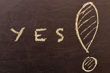 A bright yellow word and an exclamation mark are drawn on a noisy school board. Symbolize consent and joy from learning. Contains copyspace