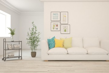 Stylish room in white color with sofa. Scandinavian interior design. 3D illustration
