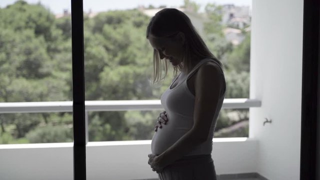 Side view of beautiful pregnant woman. Happy expectant mother standing near window. Pregnancy concept