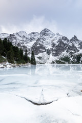 Morskie Oko Lake Covered in Ice at Winter in Tatra Mountains Poland