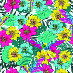 Seamless texture. Multicolor pattern of tropical hummingbird flowers and leaves. . For trendy fabric, cover or wrapper.