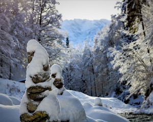 A few stones full of snow in a winter wonderlands - in the background trees and a mountain