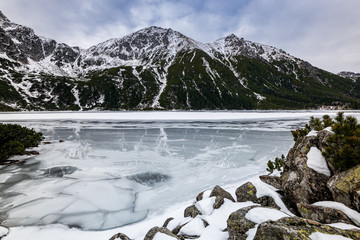 Scenic Landscape at Morskie Oko Lake in Poland Tatra Mountains at Winter © marcin jucha
