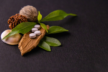 Four white tablets placed on a dried cinnamon bark with green herbs and elaeocarpus bead on black background. Ancient Indian medical system concept