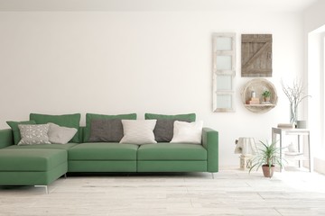 Stylish room in white color with green sofa and home decor. Scandinavian interior design. 3D illustration
