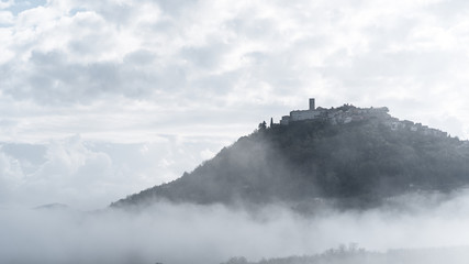 The view of motovun in the haze of the morning (rural place in croatia, istria, europe)