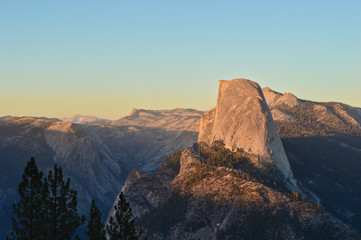 Sunshine in the Yosemite national park with view at the Half Dome, California