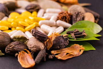 Natural medicine concept. Dried green herbs and tropical spices with ayurvedic medicines on a black background
