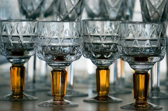 Crystal Glasses Lined Up In Rows