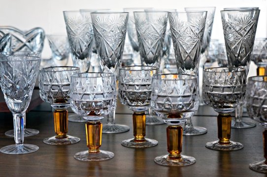 Crystal Glasses Lined Up In Rows