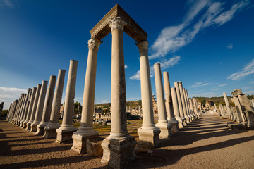 Fototapeta premium Corner pillars with lintel of Agora ruins at ancient Perge archaeological site Turkey