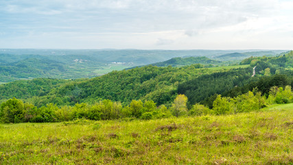 Obraz premium view of the mountains and trees forest in istria, croatia, europe, after the rain with clouds in the sky. Looks like jurassic park