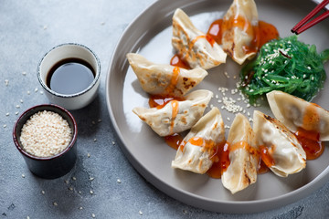 Plate of gyoza dumplings with chuka salad, sesame and soy sauce, close-up, selective focus