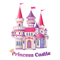 Beautiful fairytale castle for princess, magic kingdom. Vintage Palace. Wonderland. Isolated cartoon illustration on a white background for stickers. Children's theme. Romantic story. Vector. 