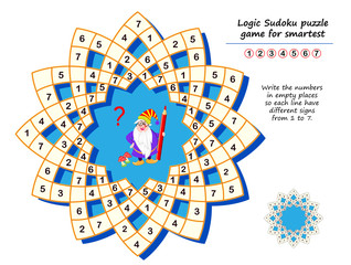 Logic Sudoku puzzle game for smartest. Write the numbers in empty places so each line have different signs from 1 to 7. Printable page for kids brain teaser book. Developing counting skills.