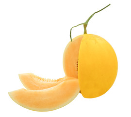 fresh golden yellow water melon fruit slice pieces for eat. Isolated on white background with clipping path