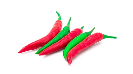 Fotobehang group of chilli green and red hot spicy vegetable. Alternate colors ingredient food. Isolated on white background © Topfotolia