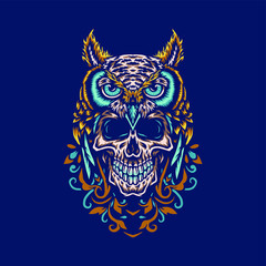 Fototapeta premium Owl skull, hand drawn line with digital color, vector illustration