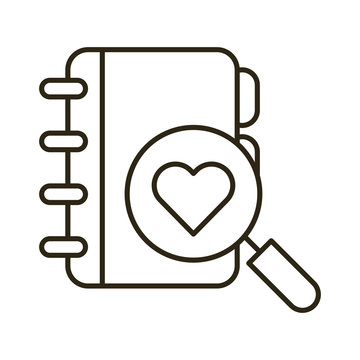 happy valentines day magnifying glass with heart and diary