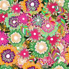 Fototapeta na wymiar Seamless texture. Multicolor endless pattern of flowers and leaves. For fabric or wallpaper design.