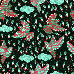 Vector floral ethnic seamless pattern in doodle style with clouds , drops and pigeons . Gentle, spring or summer  background.