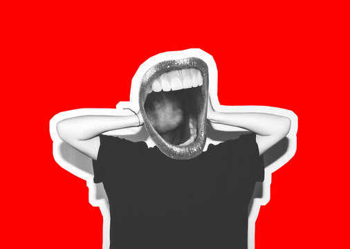 Collage of modern art. A crazy girl in a black T-shirt and rock glasses screams, holding on to her head. Rocky emotional woman, black and white tones on a fashionable red background