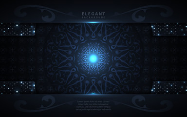 Dark blue abstract background with paper shapes overlap layers. Luxury and modern concept texture with mandala element decoration. Vector design template for use frame, cover, banner, card
