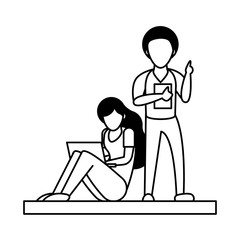 young couple using smartphone and laptop characters
