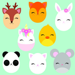 Set of multi-colored Easter eggs in the form of different animals and fairy-tale characters.