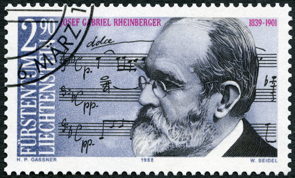 LIECHTENSTEIN - 1988: shows portrait of Josef Gabriel Rheinberger (1839-1901), composer, 1988