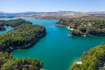 Aerial view of Gaitanejo reservoir and dam near the Royal El Chorro Royal Trail. Spain