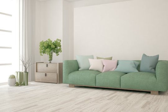 Stylish room in white color with green sofa. Scandinavian interior design. 3D illustration